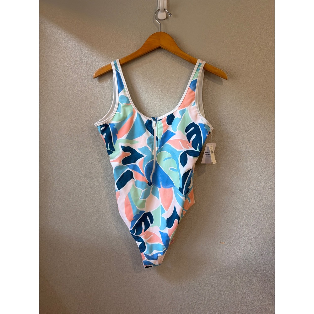 Old Navy One Piece Swimsuit Womens Large Tropical Monstera Zip Front NWT